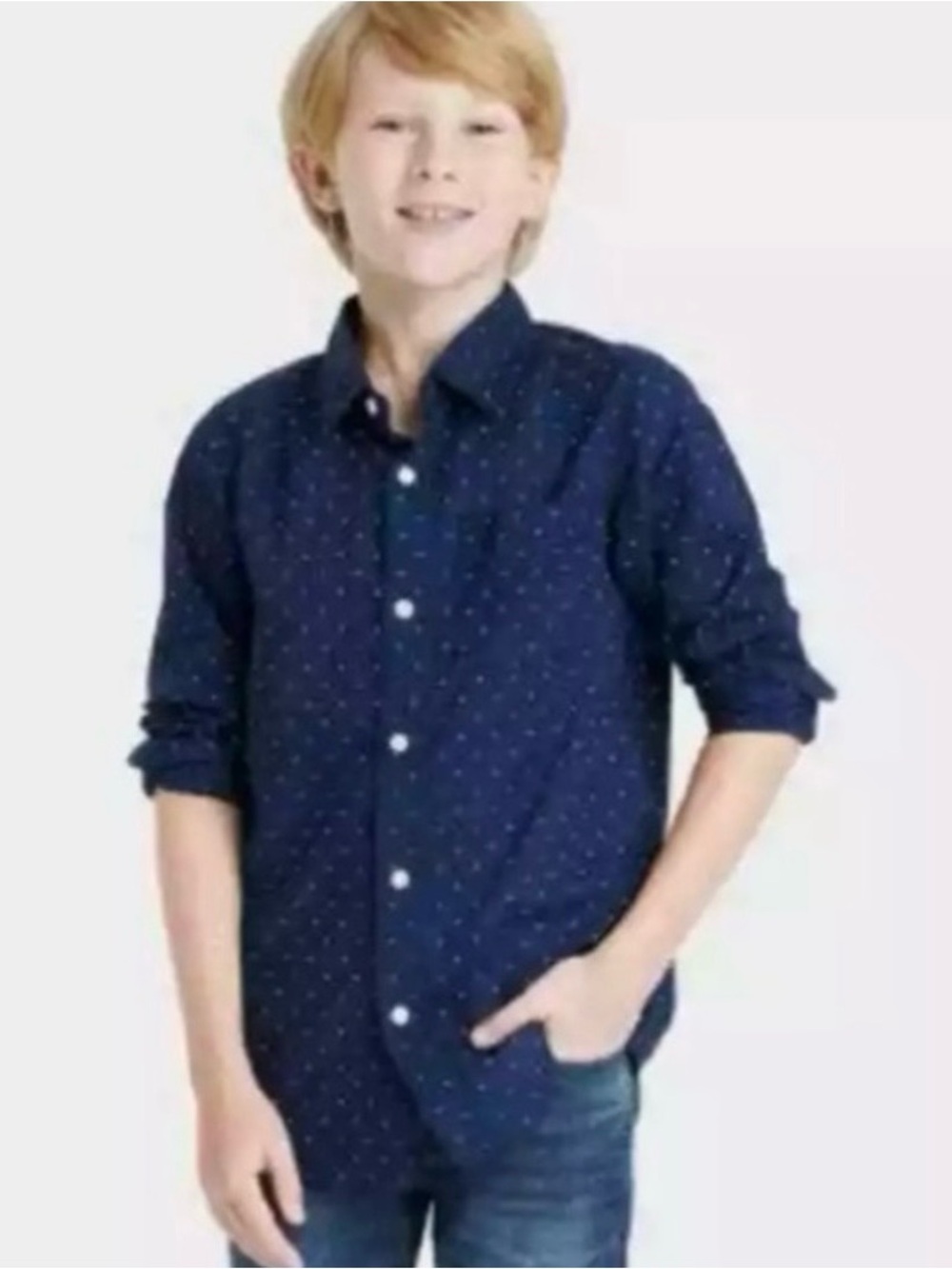 Cat & Jack boys navy blue polka dot long sleeve button up dress shirt size Small